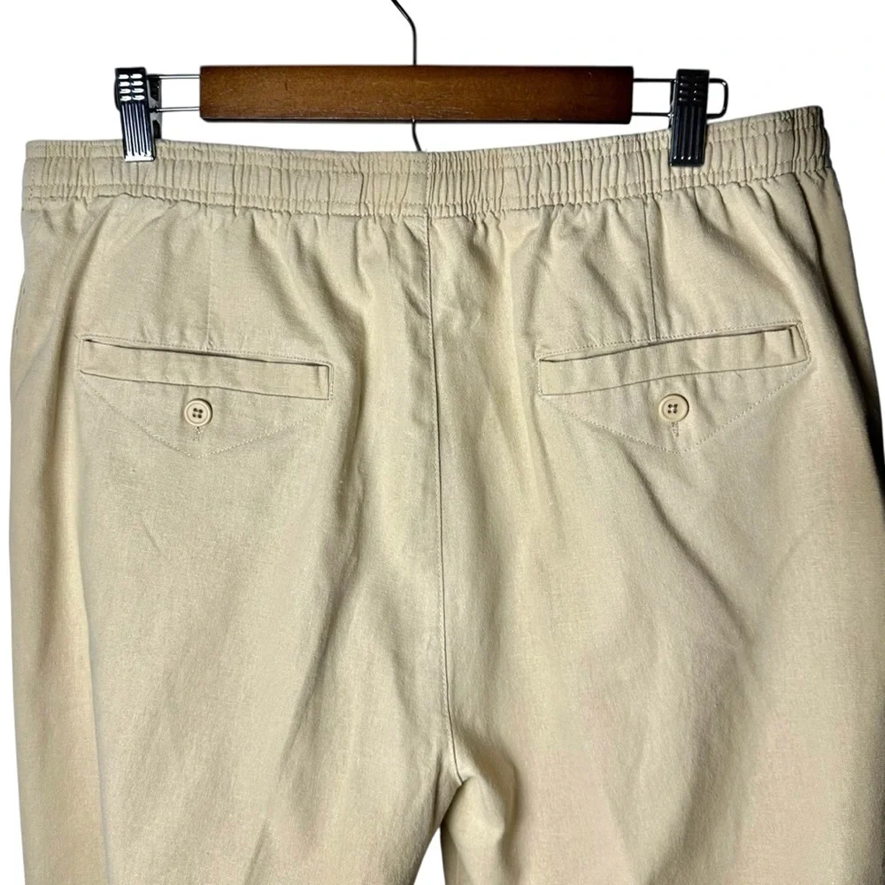 Mens Linen Cotton Pants Tan Sz M 35”W x 30”L Elastic Drawstring Waist Orton Bros